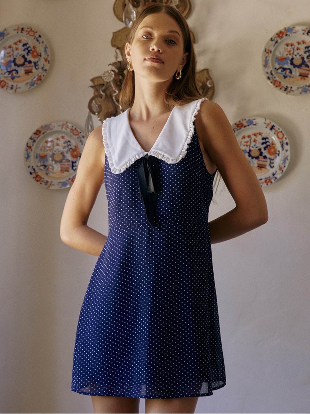 WEST OF MELROSE Polka Dot Collar Womens Mini Dress